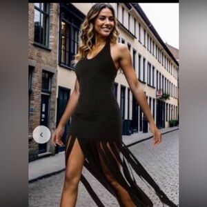 Zara Elegant Black Fringe Halter Dress